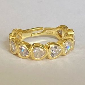 925 Silver band ring heart clear cz stones 18k yellow gold plated